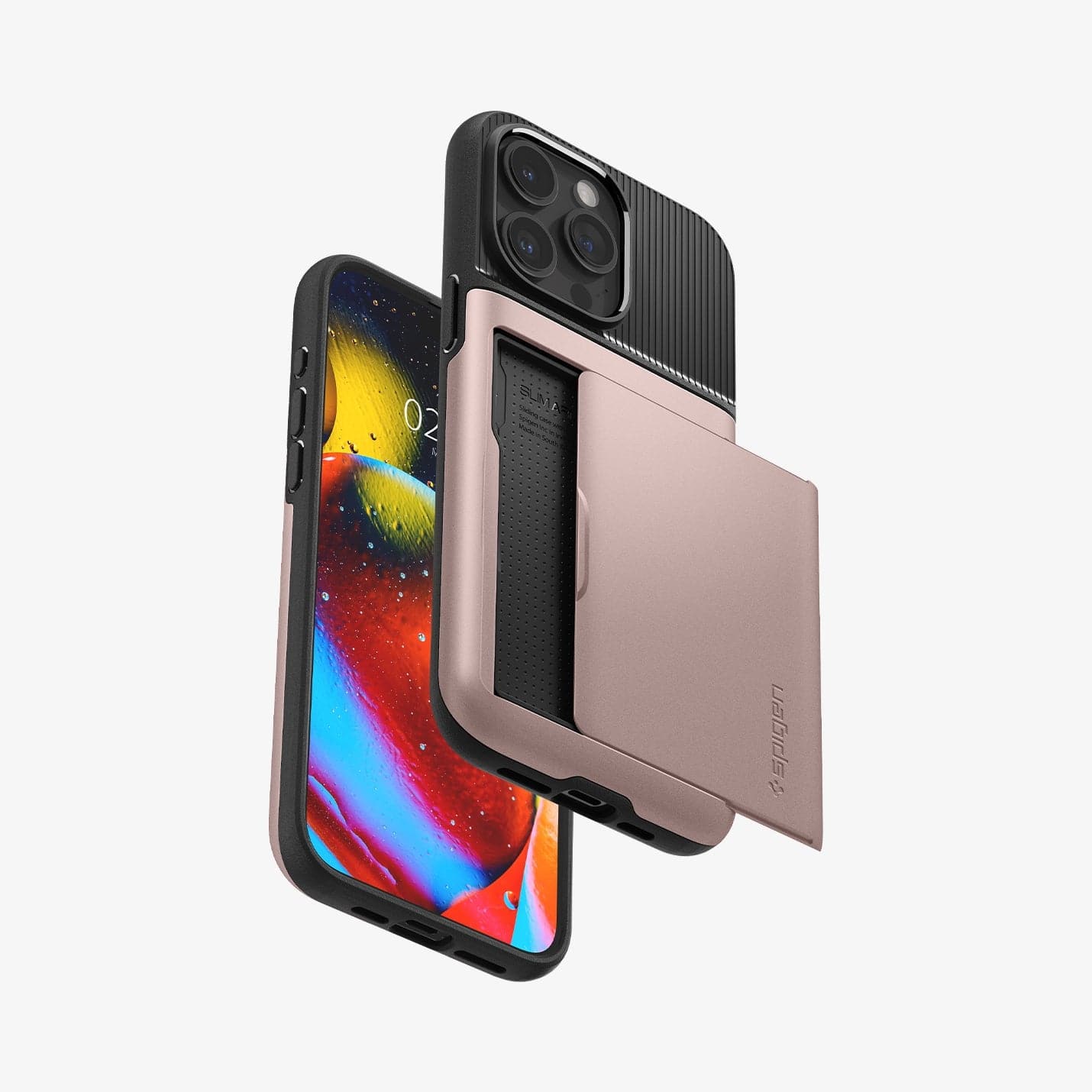 ACS06590 - iPhone 15 Pro Max Case Slim Armor CS in rose gold showing the back, front and sides with card in slot