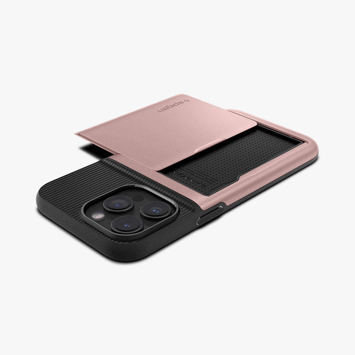 ACS06590 - iPhone 15 Pro Max Case Slim Armor CS in rose gold showing the back, side and top with card slot open