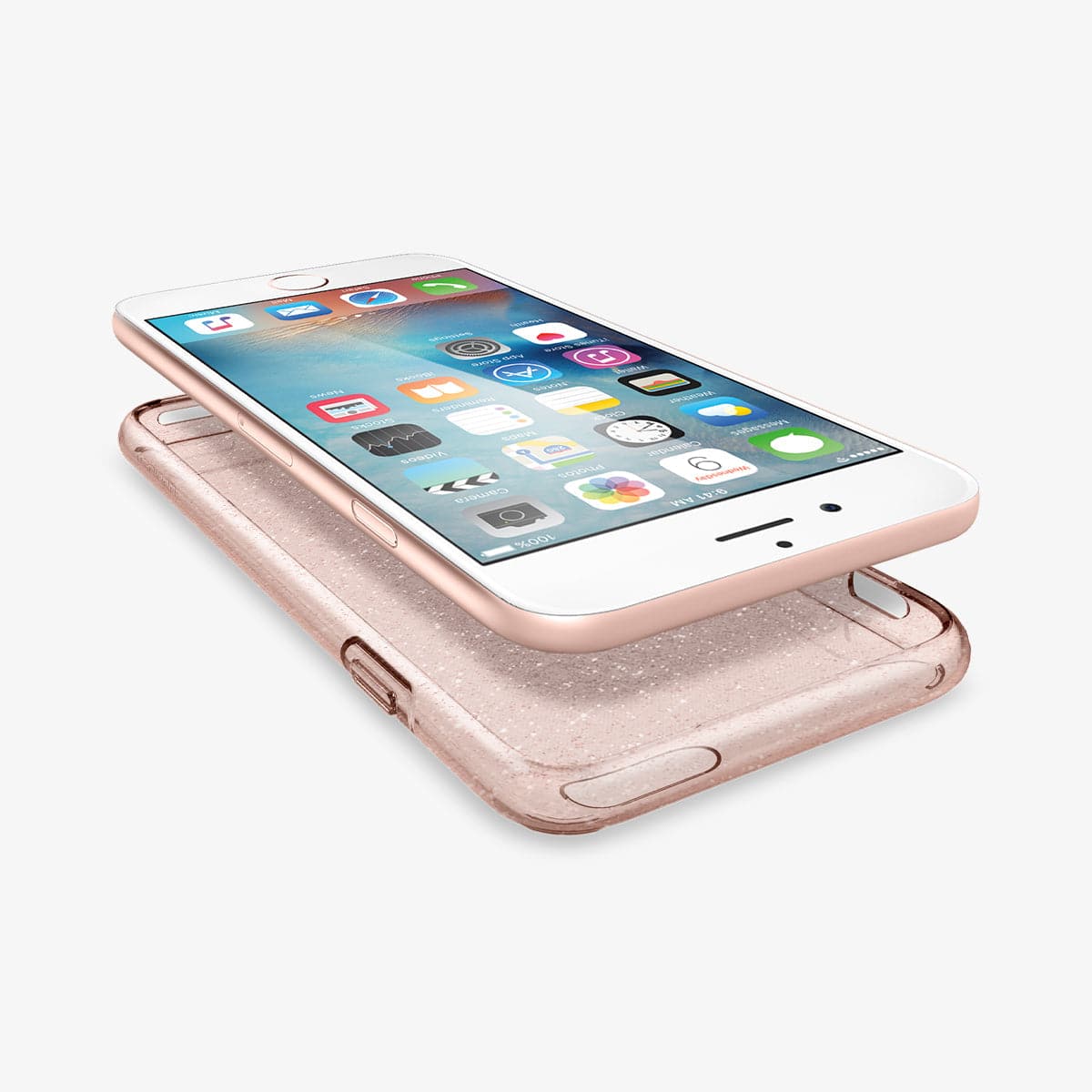 035CS21416 - iPhone 6 Series Liquid Crystal Glitter Case in rose quartz showing the front and side with device hovering above the case