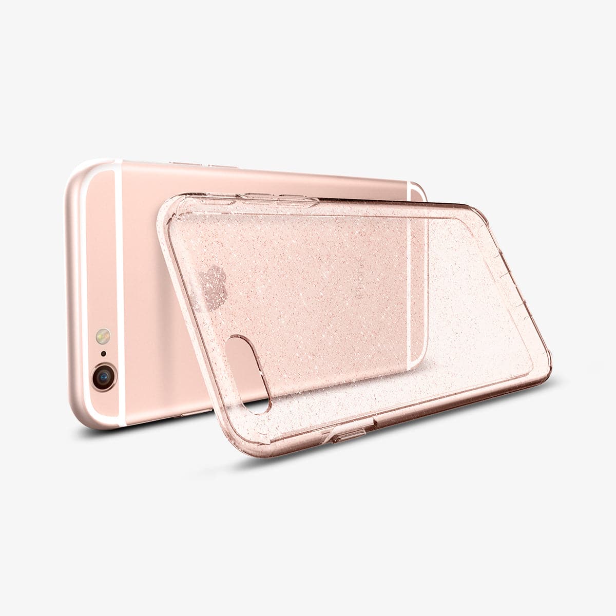 035CS21416 - iPhone 6 Series Liquid Crystal Glitter Case in rose quartz showing the back with case leaning against the device