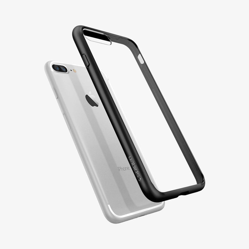 043CS20550 - iPhone 7 Series Ultra Hybrid Case in Black showing the semi transparent hard case hovering above the device