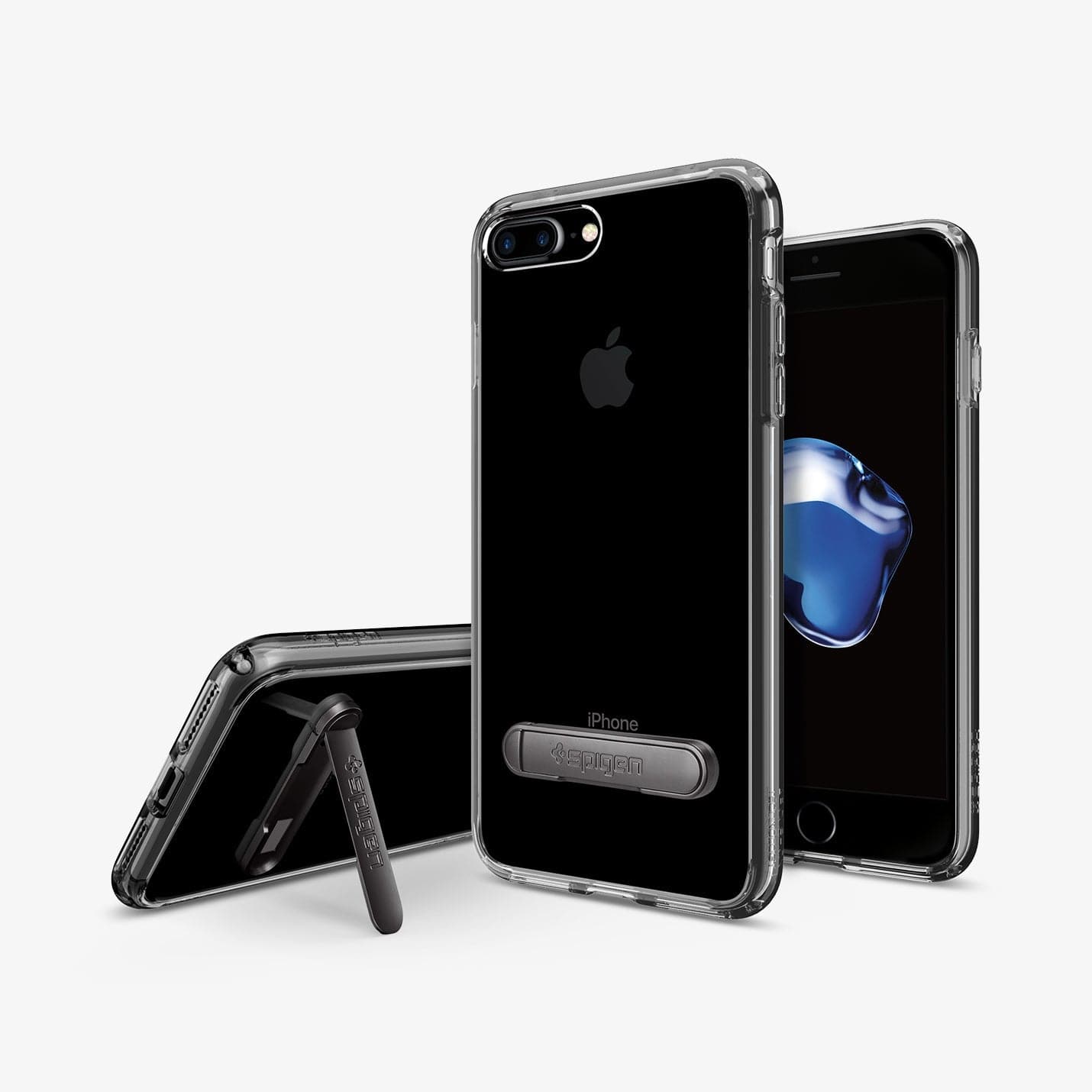 043CS20848 - iPhone 7 Series Ultra Hybrid S Case in Jet Black showing the back, partial front and a device propped up by a built in kickstand 