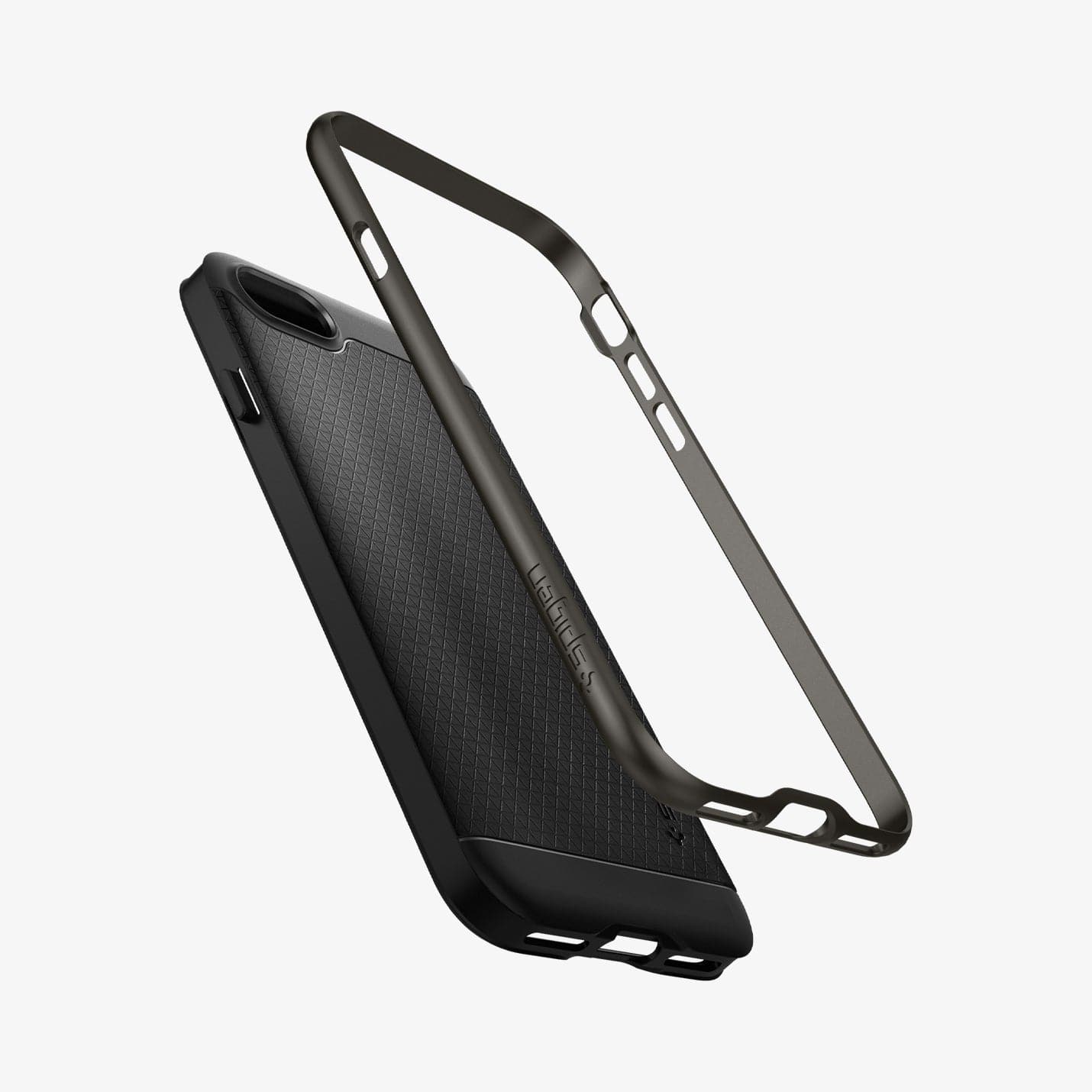 054CS22358 - iPhone 8 Series Neo Hybrid Case in Gunmetal showing frame hovering above the case showing back, partial side