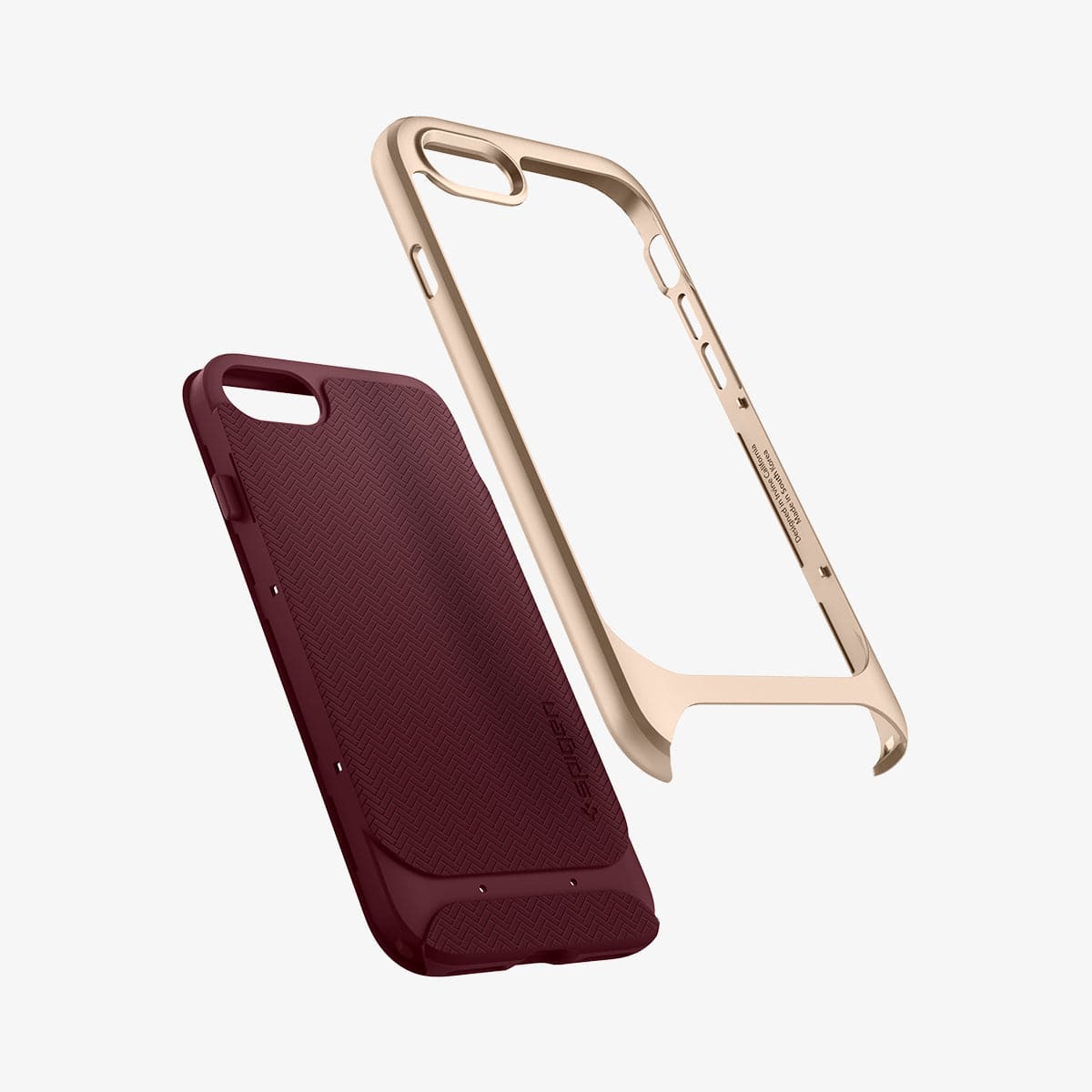 054CS22198 - iPhone 8 Series Neo Hybrid Herringbone Case in Burgundy showing the hard frame hovering above the back of the case