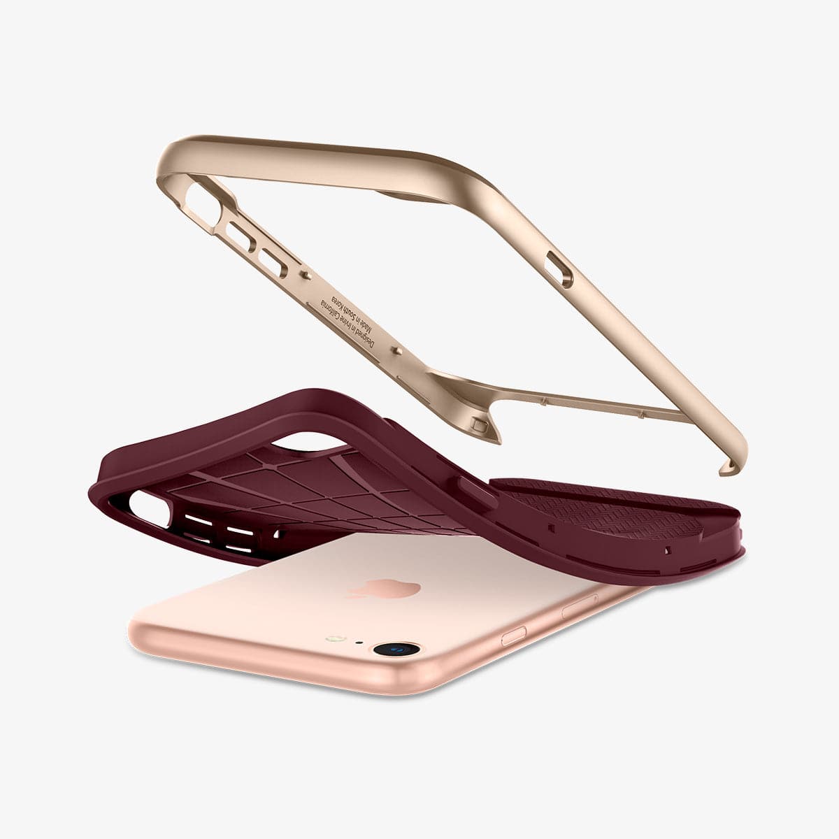 054CS22198 - iPhone 7 Series Neo Hybrid Herringbone Case in Burgundy showing the hard frame hovering above the back case, slightly peeled off from device