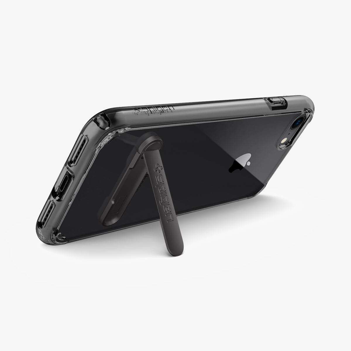 054CS22212 - iPhone 8 Series Ultra Hybrid S Case in Jet Black showing the back, partial side with built in kickstand propped up