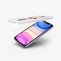 064GL25166 - iPhone 11 Screen Protector GLAS.tR EZ Fit showing the ez fit tray and screen protector being installed onto device