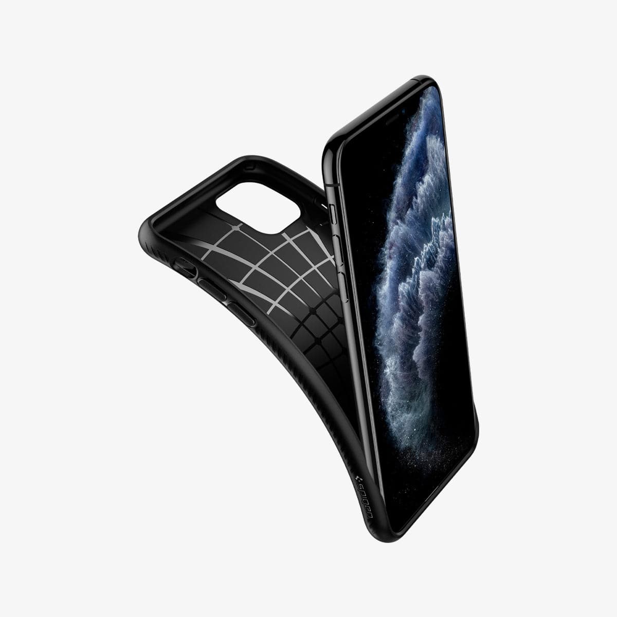 077CS27232 - iPhone 11 Pro Case Liquid Air in matte black showing the case bending away from device to show the flexibility