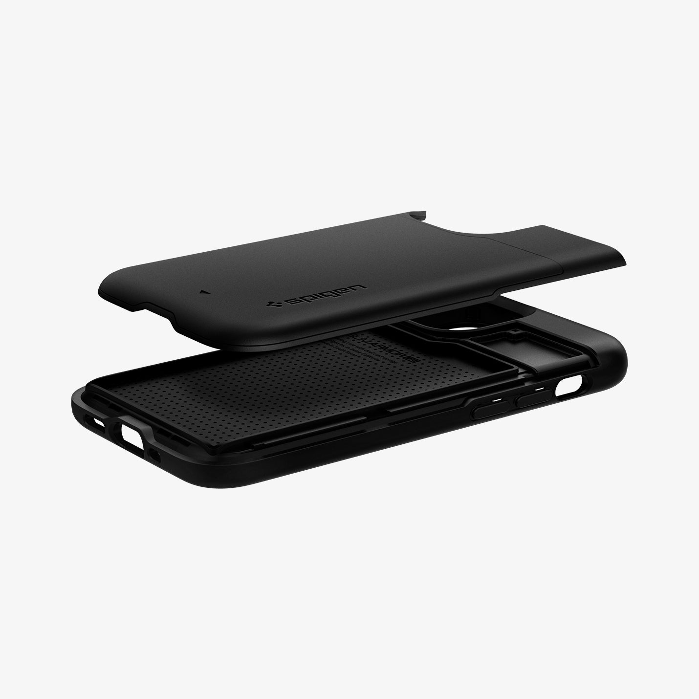 ACS01750 - iPhone 12 Mini Case Slim Armor CS in black showing the card slot layer hovering above the case