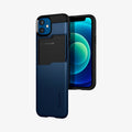 ACS02300 - iPhone 12 Mini Case Slim Armor CS in navy blue showing the back and front with card slot layer slid down