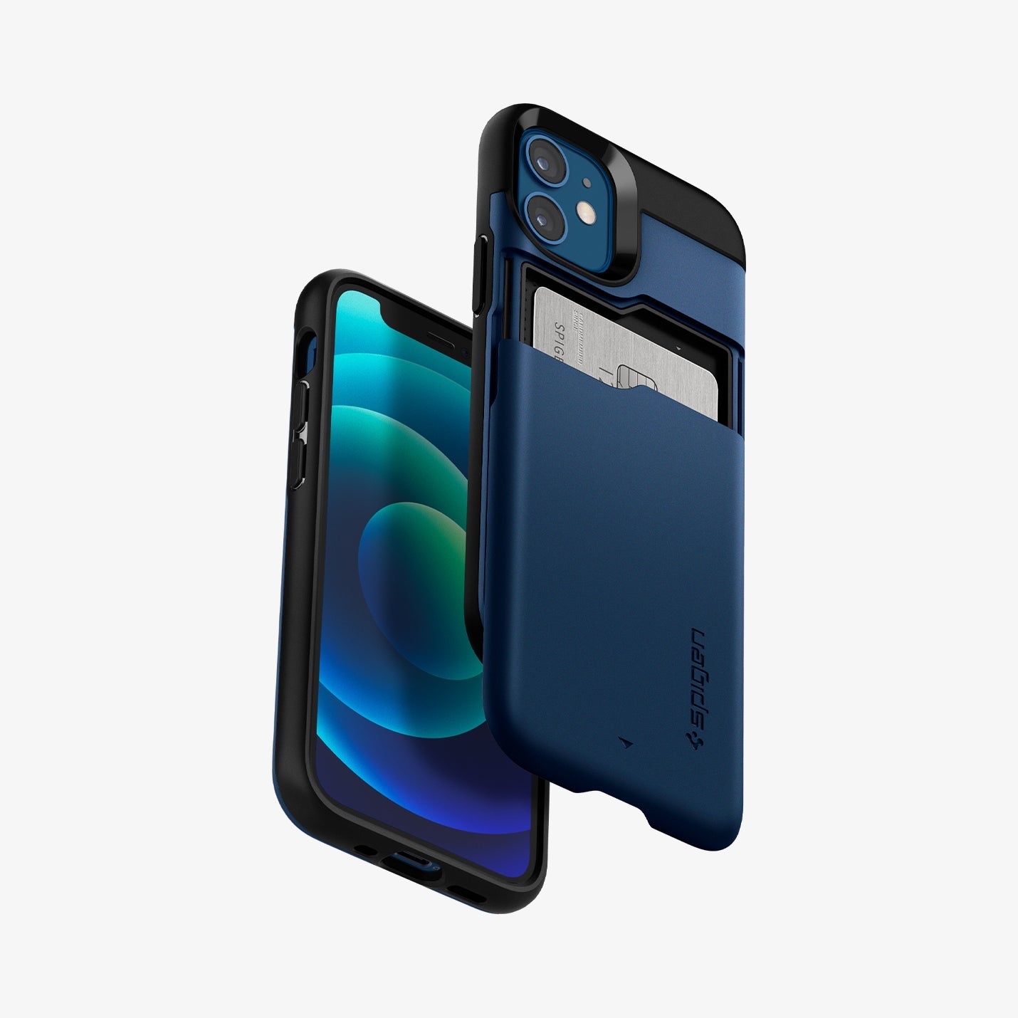 ACS02300 - iPhone 12 Mini Case Slim Armor CS in navy blue showing the back, front and sides with card in slot