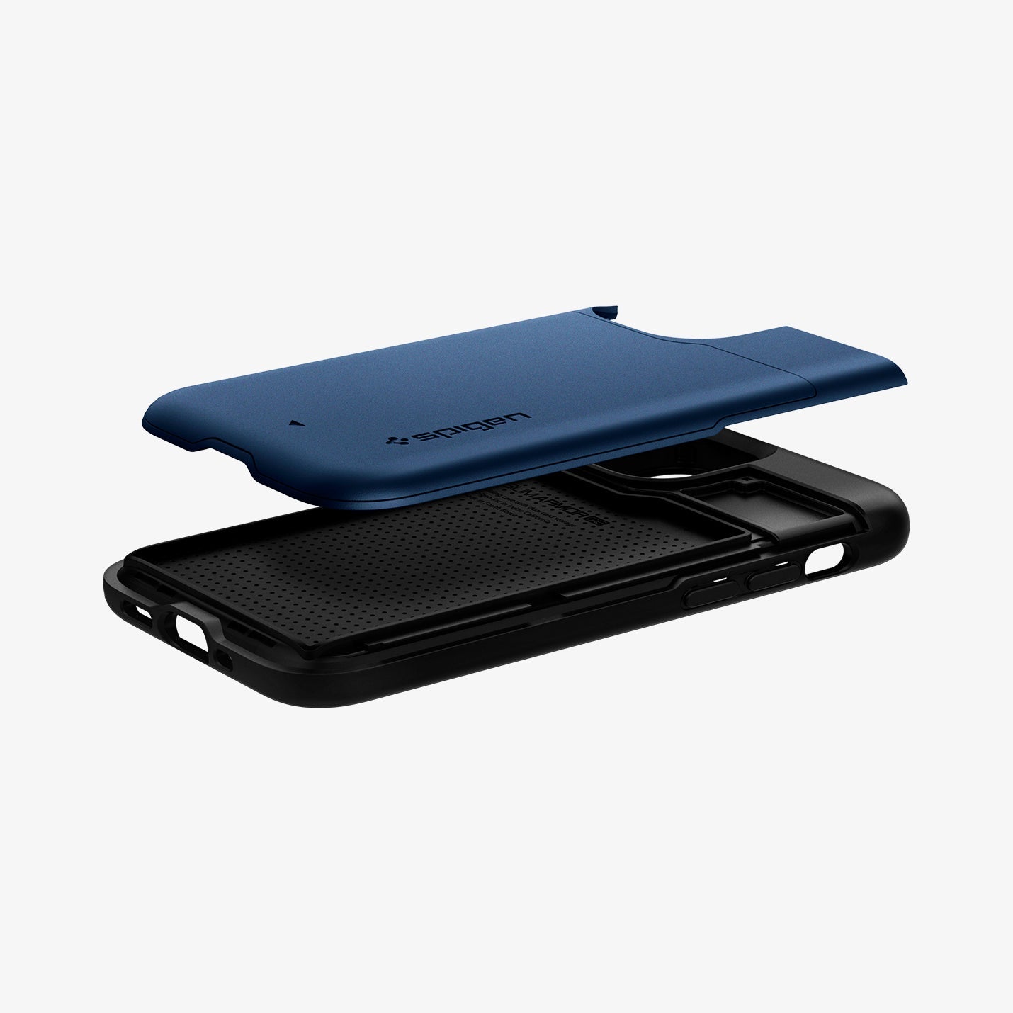 ACS02300 - iPhone 12 Mini Case Slim Armor CS in navy blue showing the card slot layer hovering above the case