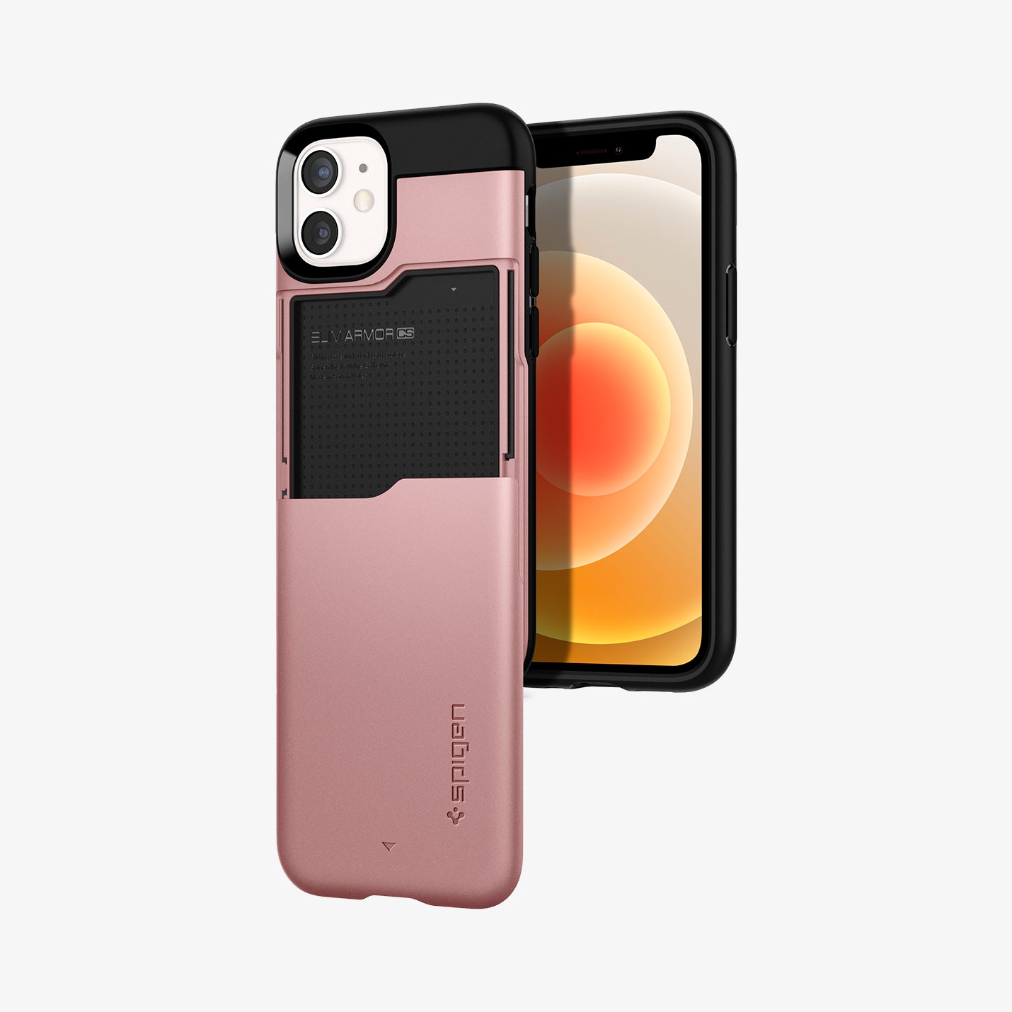 ACS01751 - iPhone 12 Mini Case Slim Armor CS in rose gold showing the back and front with card slot slid down