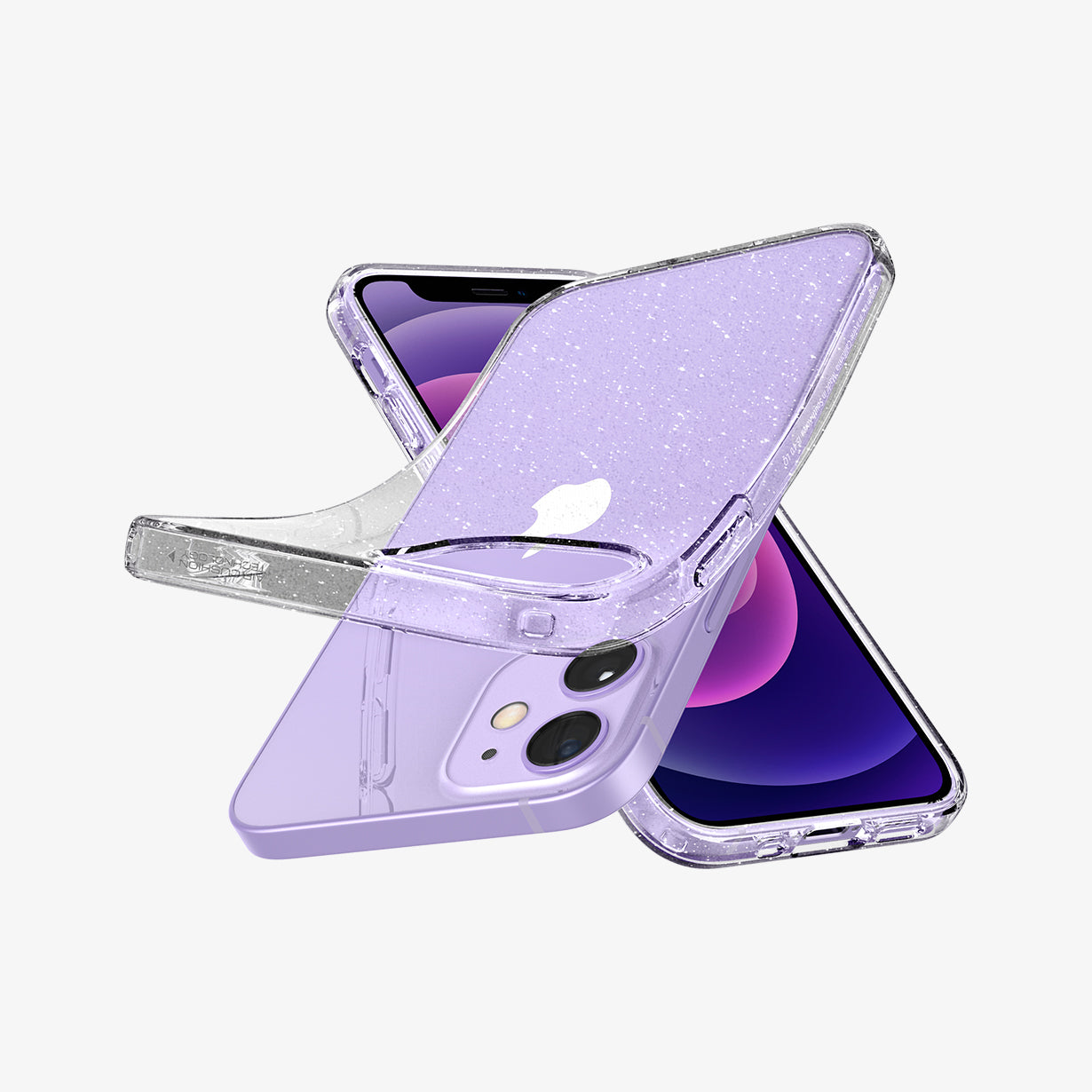 ACS01698 - iPhone 12 Pro / 12 Case Liquid Crystal Glitter in crystal quartz showing the back, front and sides with case bending away from device
