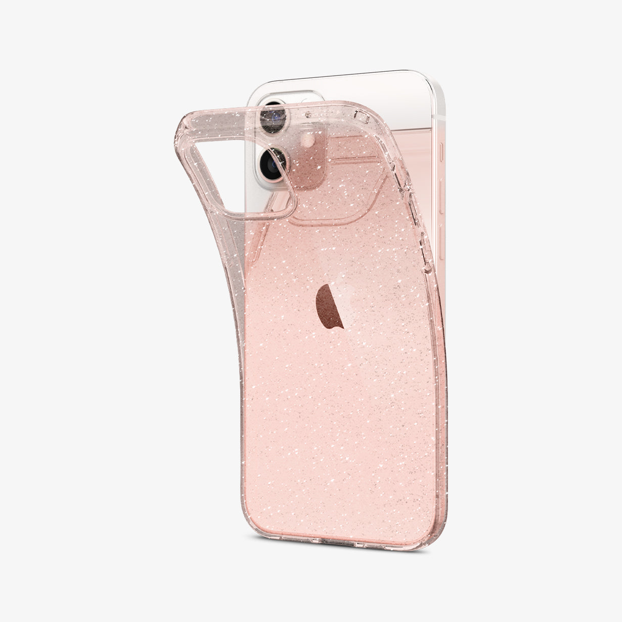 ACS01699 - iPhone 12 Pro / 12 Case Liquid Crystal Glitter in rose quartz showing the back with case bending away from device