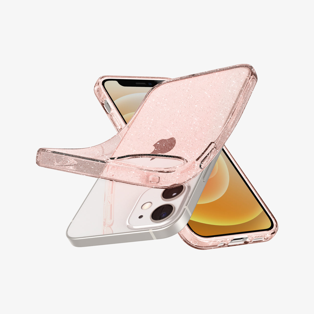 ACS01699 - iPhone 12 Pro / 12 Case Liquid Crystal Glitter in rose quartz showing the back, front and sides with case bending away from device