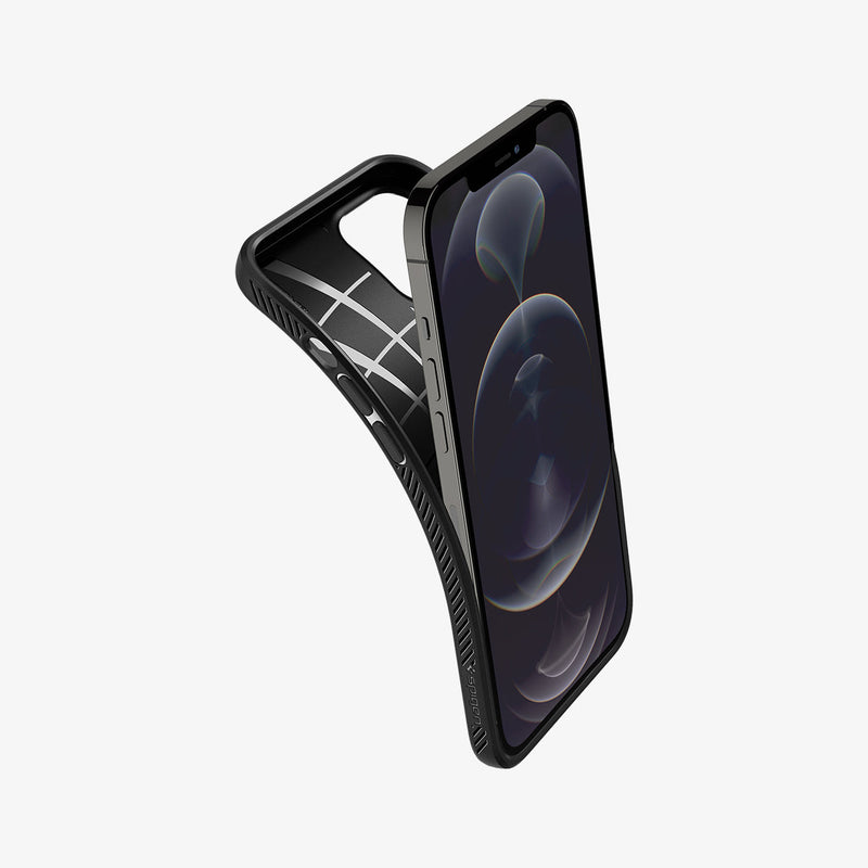 ACS01617 - iPhone 12 Pro Max Case Liquid Air in black showing the case bending away from the device to show the flexibility