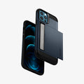 ACS02294 - iPhone 12 Pro Max Case Slim Armor CS in metal slate showing the back, front and sides with card in slot