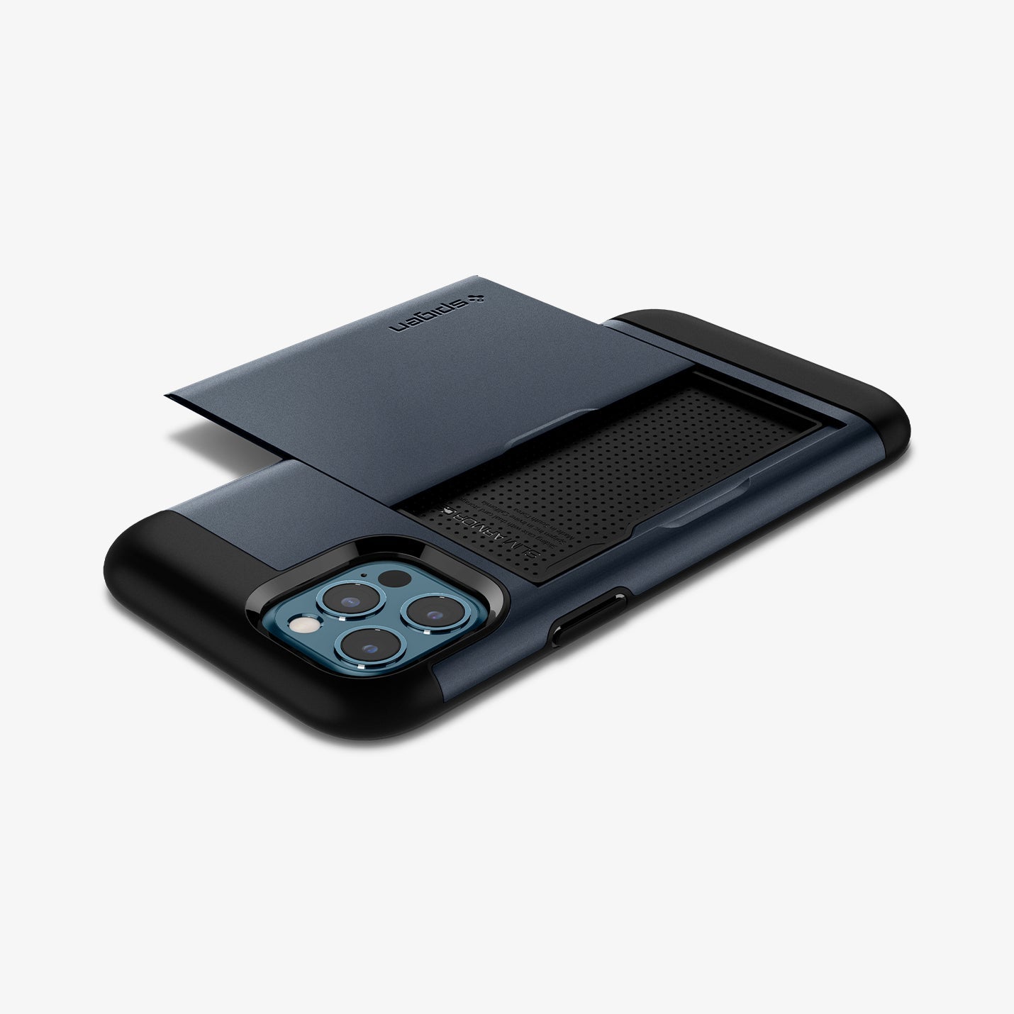 ACS02294 - iPhone 12 Pro Max Case Slim Armor CS in metal slate showing the back, top and side with device laying flat