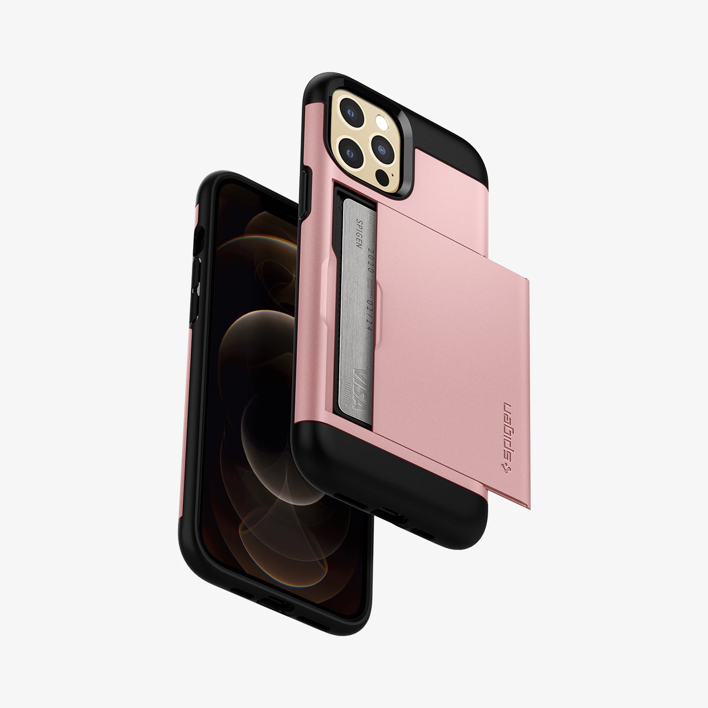 ACS01624 - iPhone 12 Pro Max Case Slim Armor CS in rose gold showing the back, front and sides with card in slot