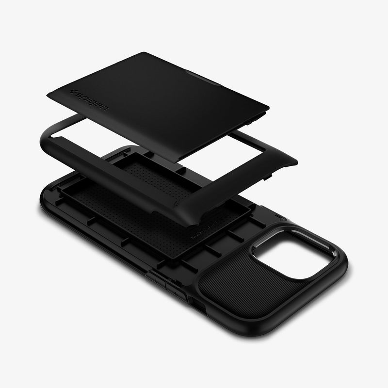 ACS01483 - iPhone 12 Pro Max Case Slim Armor Wallet in black showing the multiple layers of card slot hovering above case