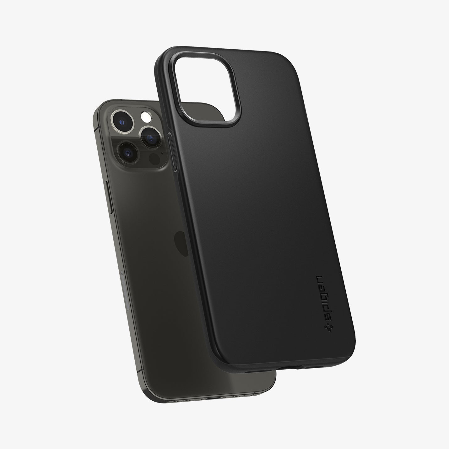 ACS01612 - iPhone 12 Pro Max Case Thin Fit in black showing the back with case hovering away from device
