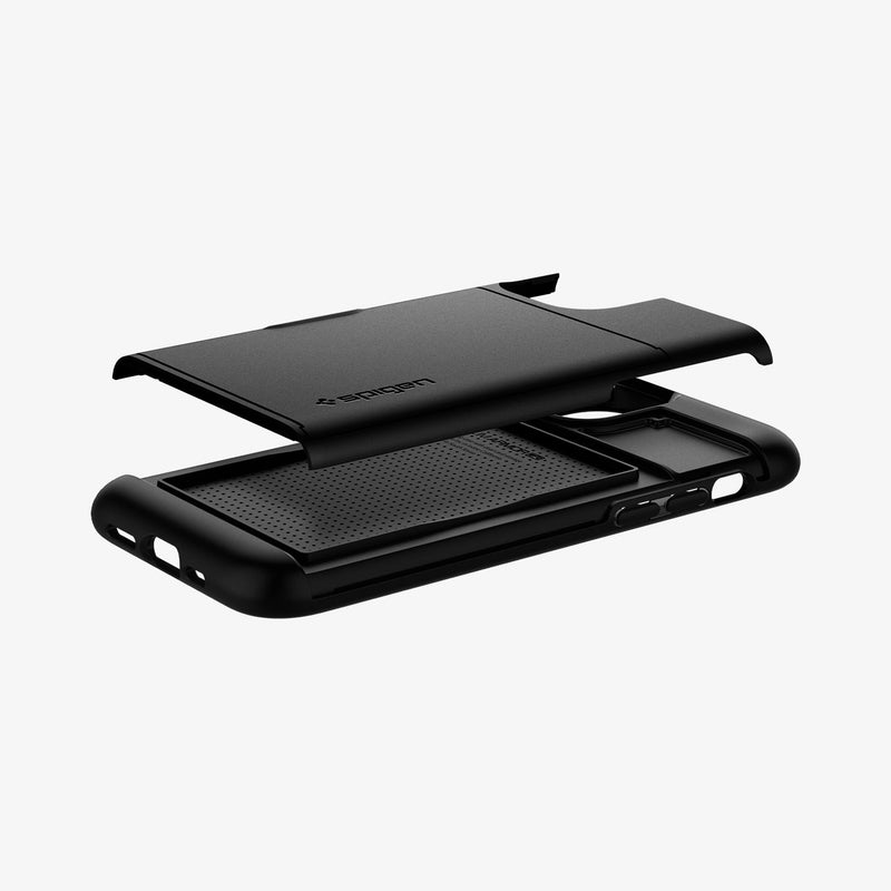 ACS01707 - iPhone 12 / iPhone 12 Pro Case Slim Armor CS in black showing the card slot layer hovering above the case