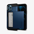ACS02297 - iPhone 12 / iPhone 12 Pro Case Slim Armor CS in navy blue showing the back and front with card in slot