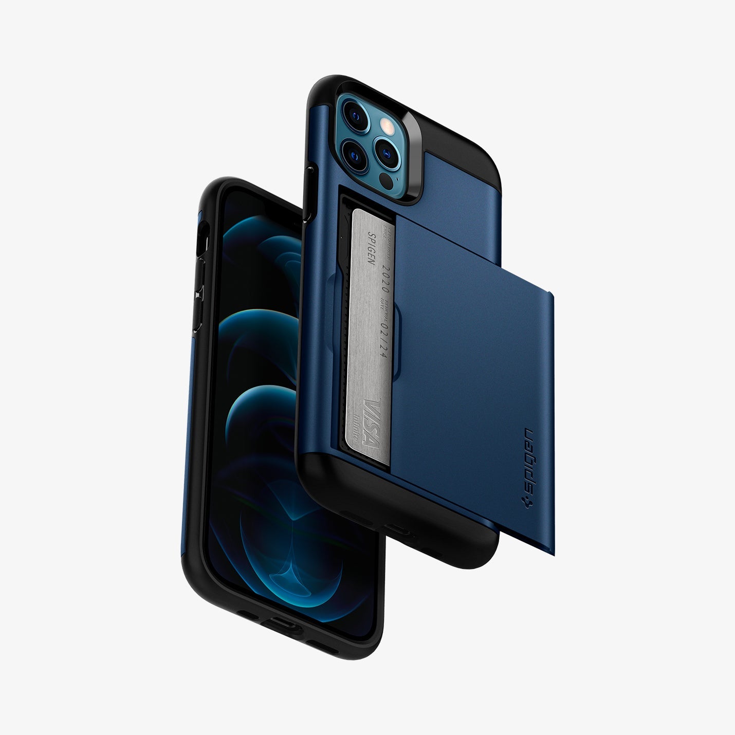 ACS02297 - iPhone 12 / iPhone 12 Pro Case Slim Armor CS in navy blue showing the back, front and sides with card in slot