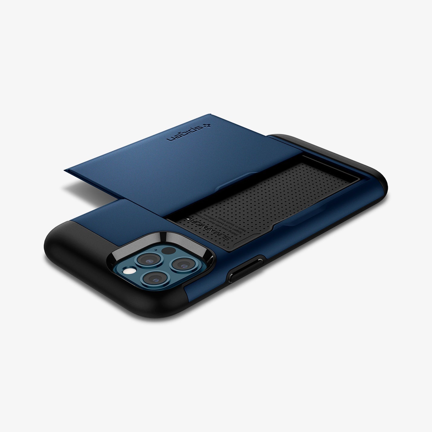 ACS02297 - iPhone 12 / iPhone 12 Pro Case Slim Armor CS in navy blue showing the back, top and side with device laying flat