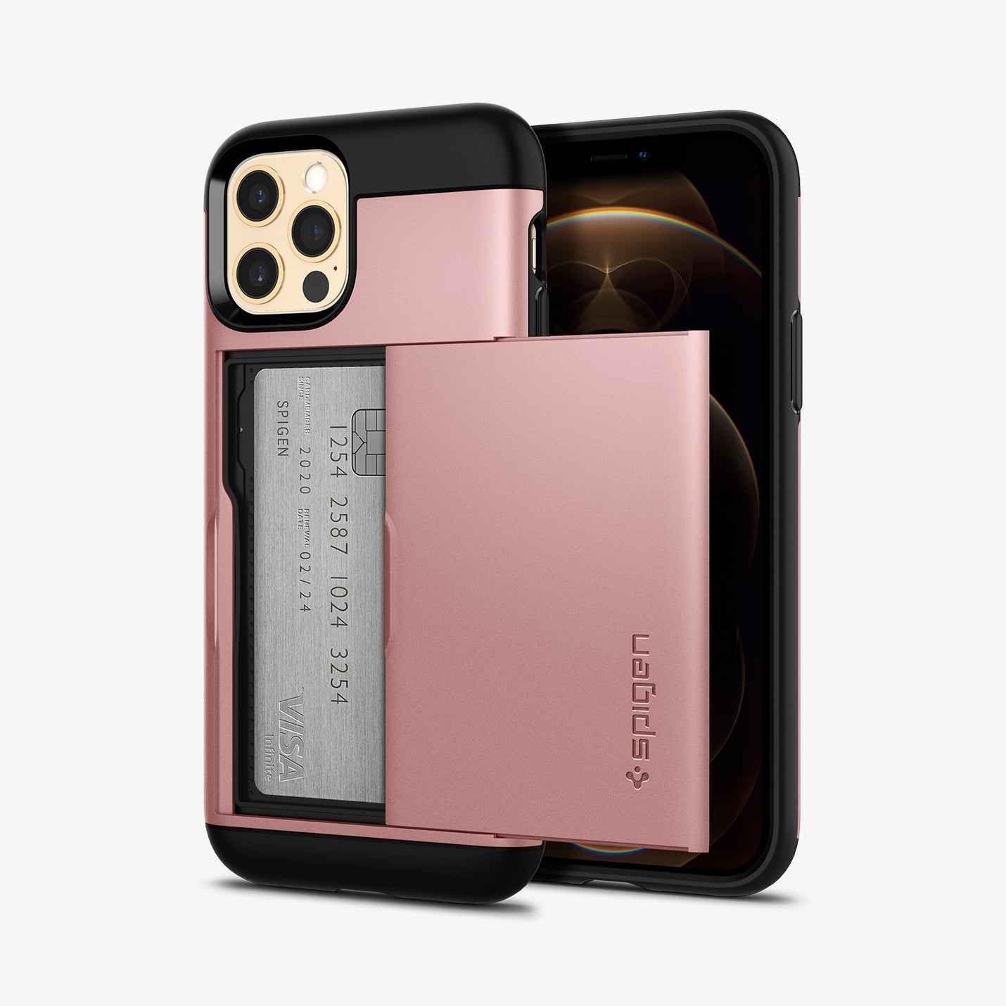ACS01708 - iPhone 12 / iPhone 12 Pro Case Slim Armor CS in rose gold showing the back and front with card in slot
