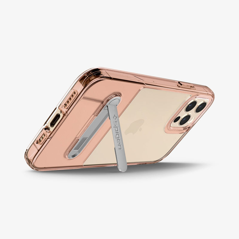 ACS01532 - iPhone 12 / iPhone 12 Pro Case Slim Armor Essential S in rose crystal showing the back and bottom with device propped up by built in kickstand