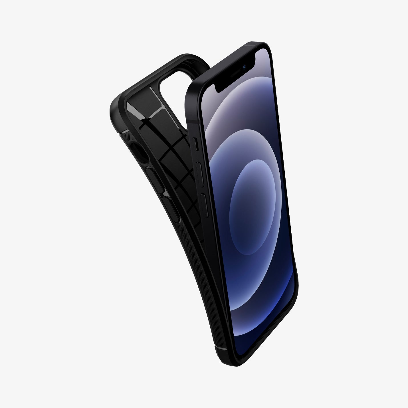 ACS01743 - iPhone 12 Mini Case Rugged Armor in matte black showing the case bending away from device to show the flexibility