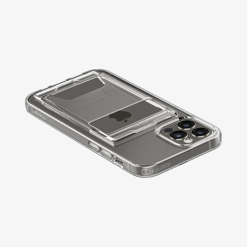 ACS04029 - iPhone 12 / 12 Pro Case Crystal Slot Dual in crystal clear showing the back, side and top with device laying flat