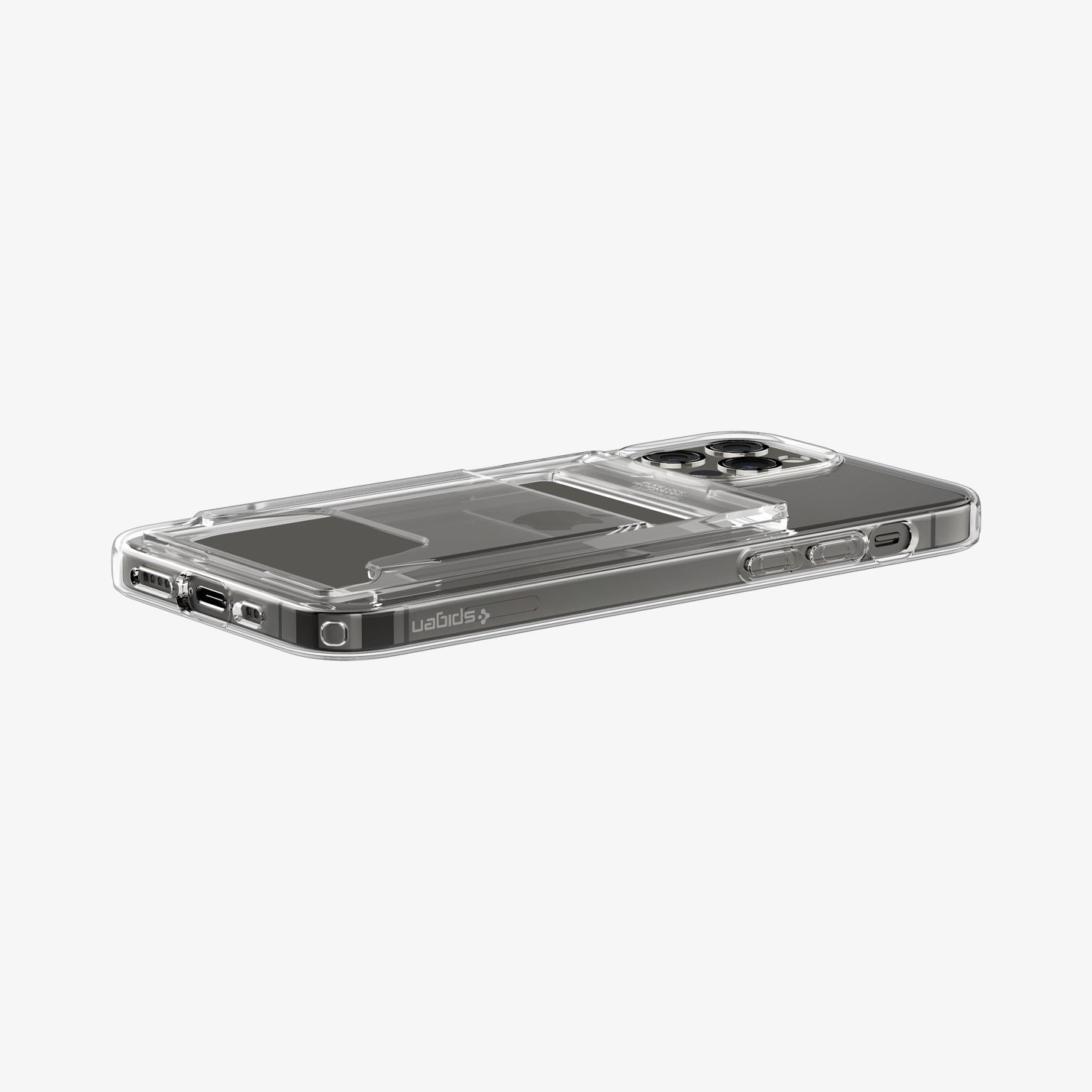 ACS04029 - iPhone 12 / 12 Pro Case Crystal Slot Dual in crystal clear showing the back, side and bottom with device laying flat