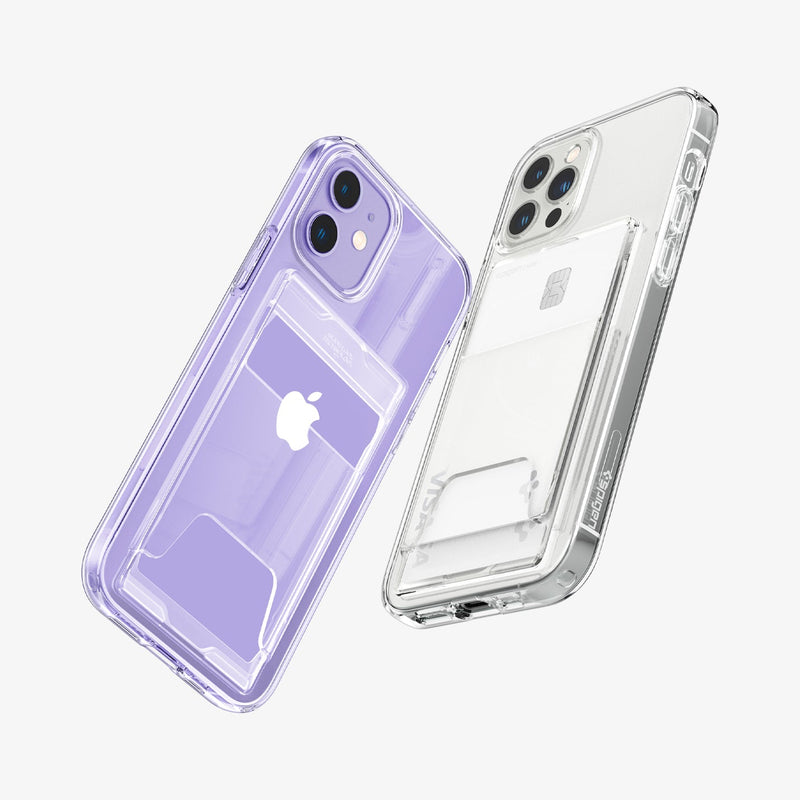 ACS04029 - iPhone 12 / 12 Pro Case Crystal Slot Dual in crystal clear showing the back and sides of multiple devices in different color variations