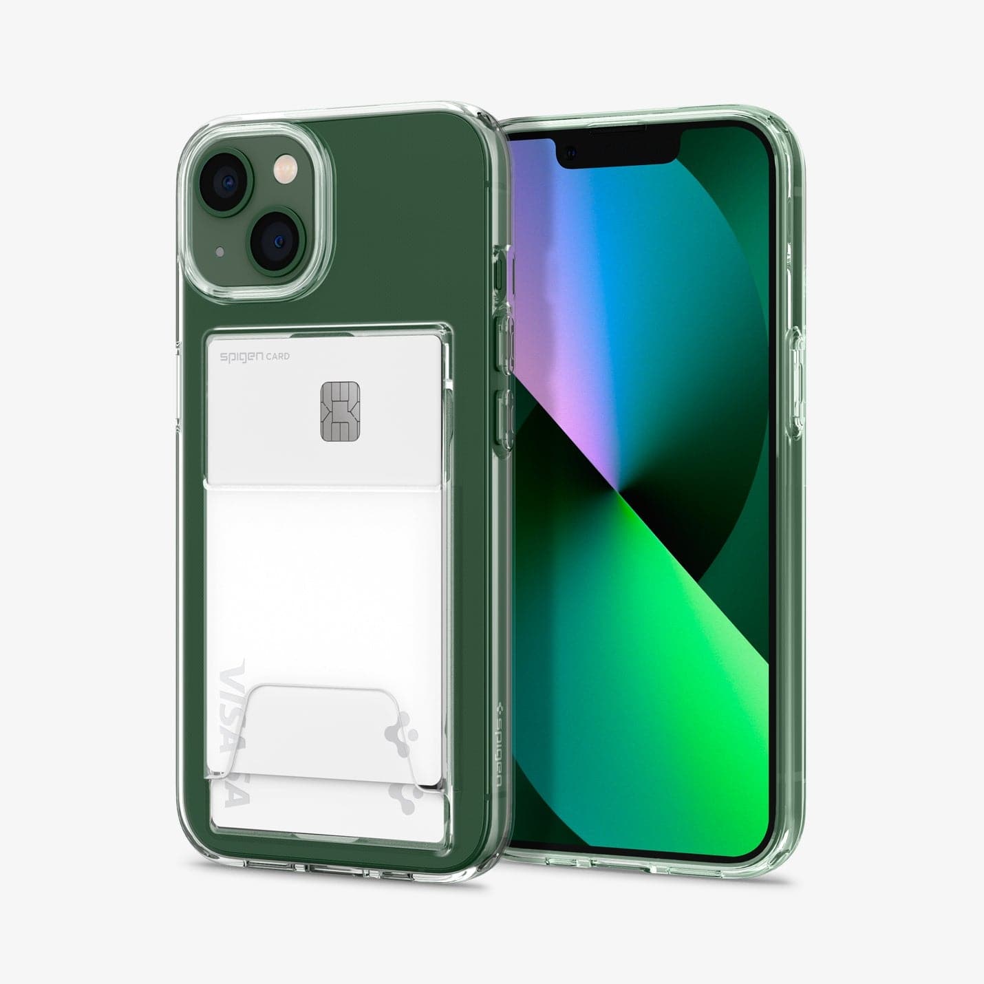 ACS03535 - iPhone 13 Case Crystal Slot Dual in crystal clear showing the back and front with cards in slot