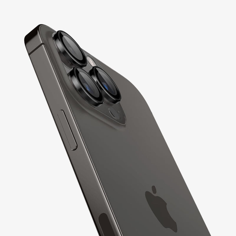 AGL05205 - iPhone 14 Pro / 14 Pro Max Optik Pro Lens Protector in black showing the back and partial side zoomed in on camera lens