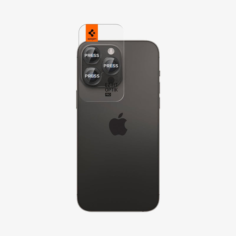 AGL05205 - iPhone 14 Pro / 14 Pro Max Optik Pro Lens Protector in black showing the back with ez fit installed on camera lens