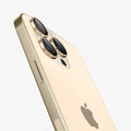 AGL05598 - iPhone 14 Pro / 14 Pro Max Optik Pro Lens Protector in gold showing the back and partial side zoomed in on camera lens