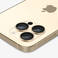 AGL05598 - iPhone 14 Pro / 14 Pro Max Optik Pro Lens Protector in gold showing the back, side and top zoomed in on camera lens