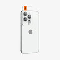 AGL05599 - iPhone 14 Pro / 14 Pro Max Optik Pro Lens Protector in silver showing the back and partial side with ez fit installed on camera lens