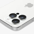 AGL05599 - iPhone 14 Pro / 14 Pro Max Optik Pro Lens Protector in silver showing the back, side and top zoomed in on camera lens