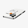 AGL05599 - iPhone 14 Pro / 14 Pro Max Optik Pro Lens Protector in silver showing the back with device laying flat and lens protector and ez fit tray hovering slightly above camera lens