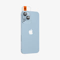 AGL05602 - iPhone 14 / 14 Plus Optik Pro Lens Protector in blue showing the back and partial side with ez fit installed on camera lens