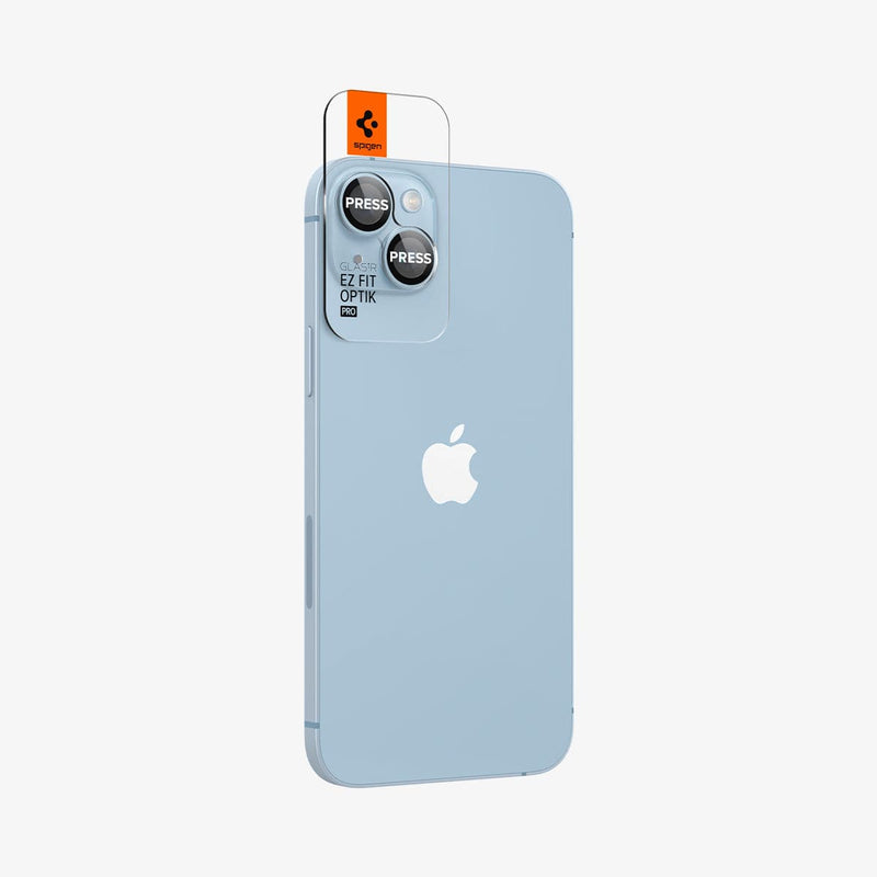 AGL07166 - iPhone 15 / 15 Plus Optik Pro Lens Protector in blue showing the back and partial side with ez fit installed on camera lens