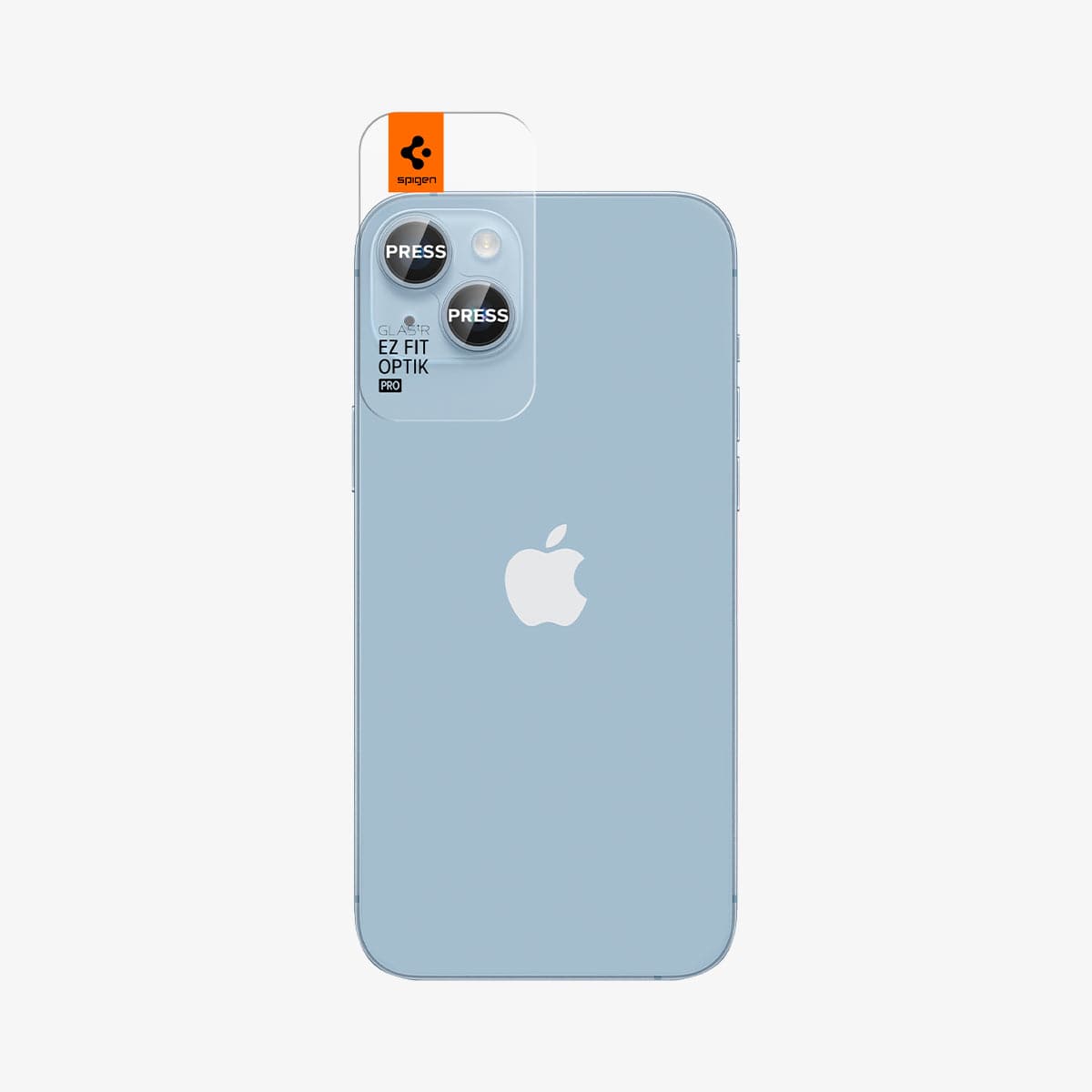 AGL07166 - iPhone 15 / 15 Plus Optik Pro Lens Protector in blue showing the back with ez fit installed on camera lens