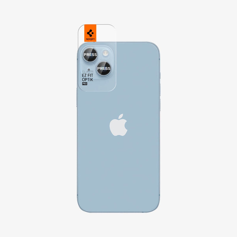 AGL07166 - iPhone 15 / 15 Plus Optik Pro Lens Protector in blue showing the back with ez fit installed on camera lens