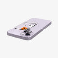 AGL05603 - iPhone 14 / 14 Plus Optik Pro Lens Protector in purple showing the back with device laying flat and lens protector and ez fit tray hovering slightly above camera lens