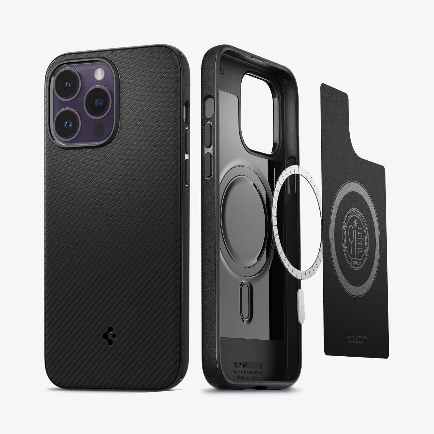 ACS04989 - iPhone 14 Pro Case Mag Armor (MagFit) in matte black showing the back and inside with mag layers